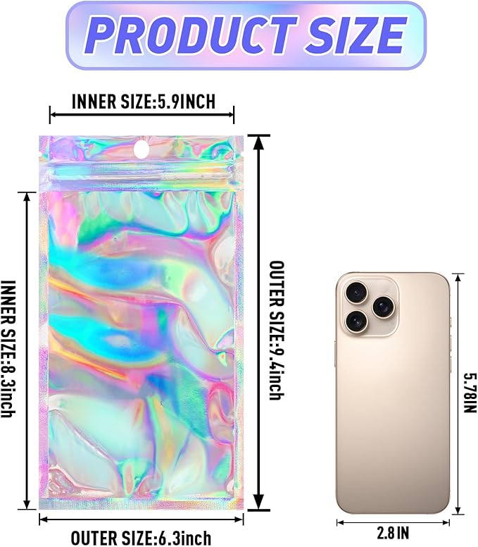 Funfery 50 Pcs Smell Proof Holographic Resealable Bags, 6.3x9.4in Clear Window - Image 2