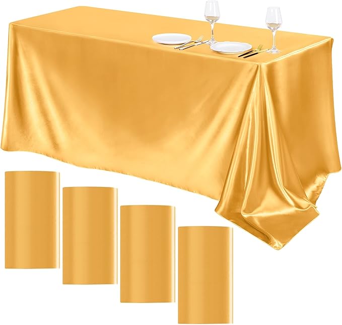 TURSTIN 4 Packs Gold Satin Tablecloth 102 x 58 Inch Overlay Satin Table Cover by TURSTIN