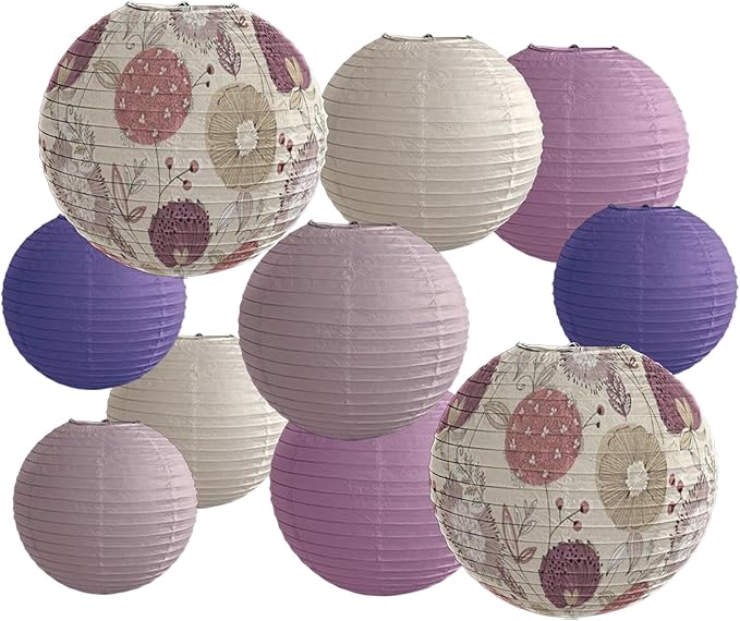 Paper Lanterns Party Decorations Size of 12’10’8inch Floral Pattern Purple Pink by METHEDEECO