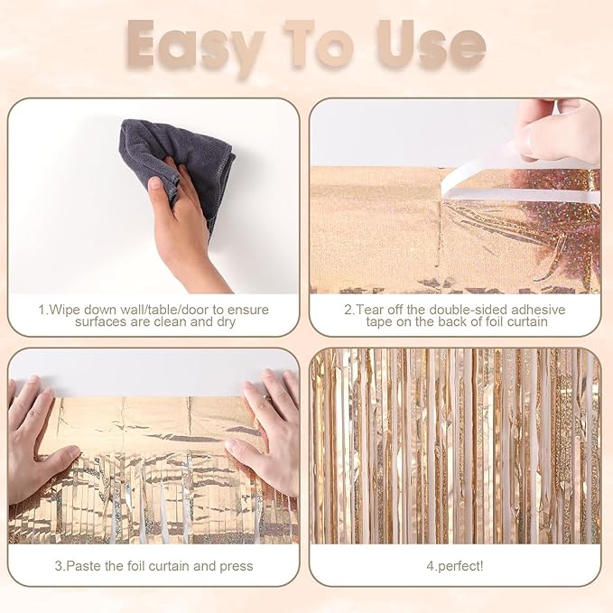 2 Pack Champagne Gold Tinsel Foil Fringe Curtains, Champagne Party Decorations - Image 6