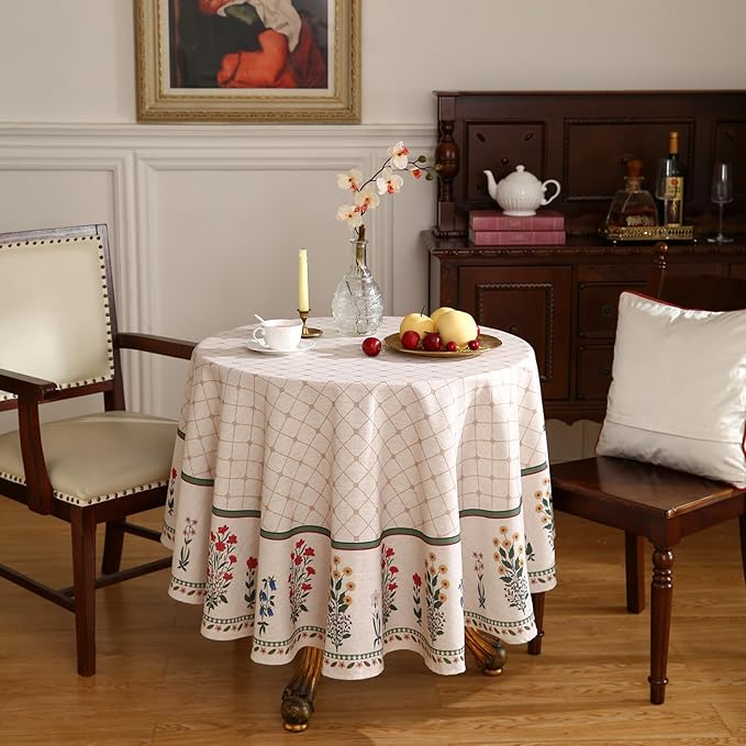 ISAENNE Designer Vintage Linen Floral Round Tablecloth, Fall Colorful Modern - Image 3