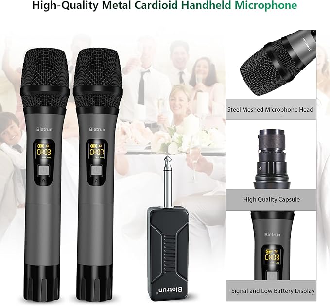 Wireless Microphone, Bietrun UHF Metal Dual Handheld Cordless Dynamic Mic System - Image 4