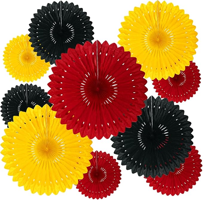 18 Pcs Black Red Yellow Hanging Honeycomb Paper Fans, Round Paper Fan by Tisspoms