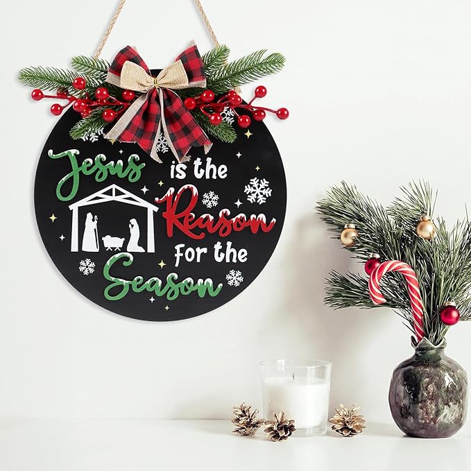 CHDITB Jesus is The Reason for The Season Front Door Sign Wreath, Wooden 3D - Image 4