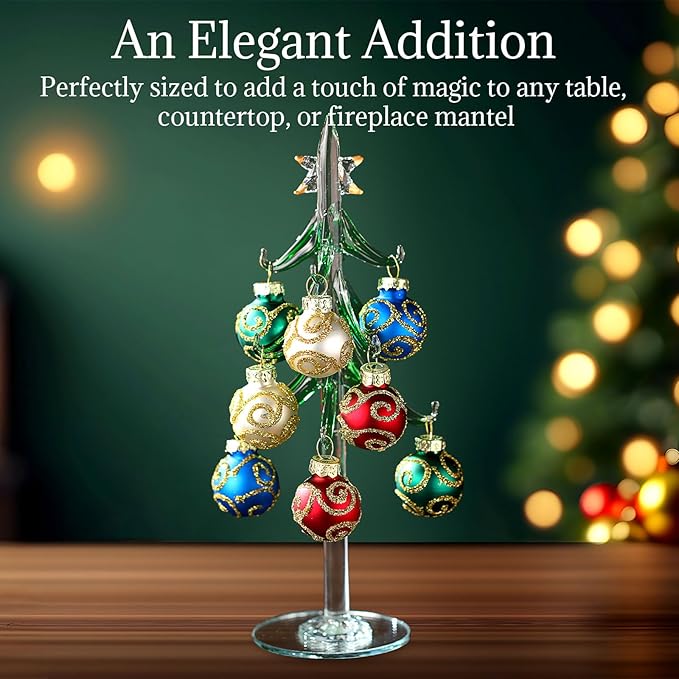 Glass Christmas Tree with 12 Ornament Glitter Balls Tabletop Wine Glass Charms - Image 3