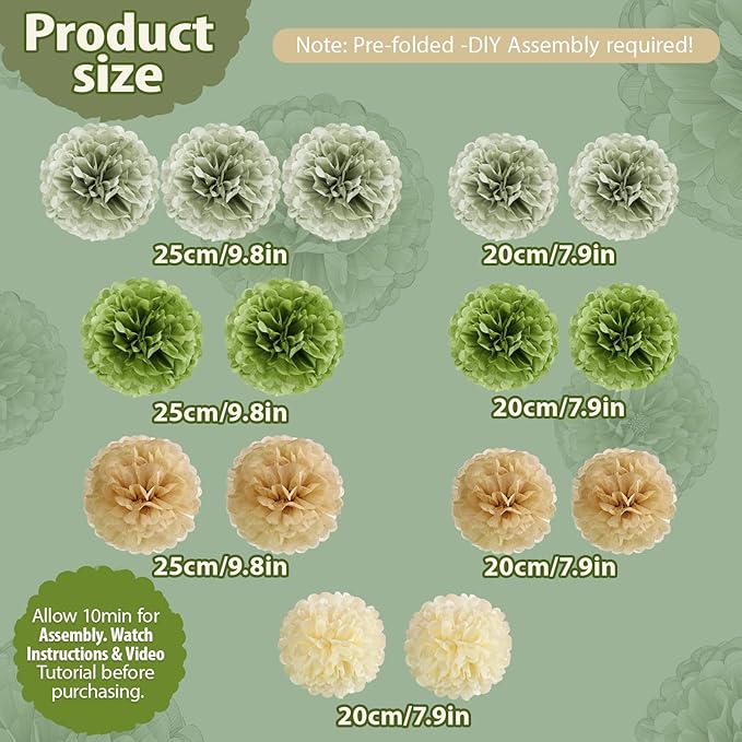 Sage Green Tissue Paper Pom Pom Flowers Decorations 15 PCS Olive Green Paper - Image 3