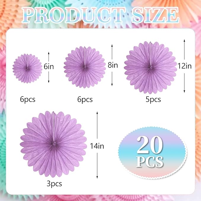 20 Pcs Light Purple Hanging Paper Fan, Round Paper Fans Decorations Set - Image 2