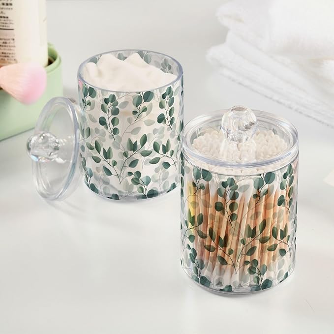 Qtip Holder Dispenser 4 Pack Green Watercolor Floral Leaves Apothecary Jars - Image 5