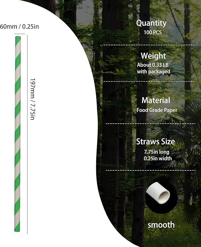 Environment Green White Paper Straws Bulk 100, Disposable Green Striped - Image 2
