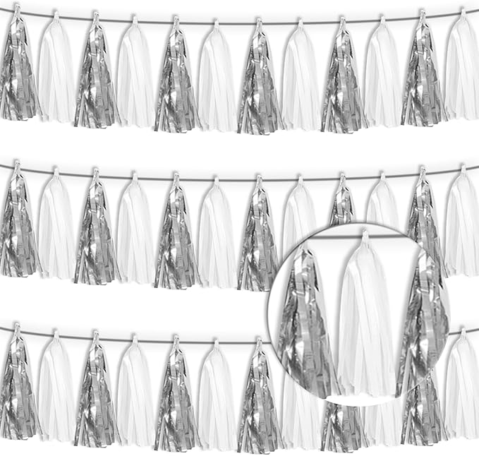 3P White Silver Metallic Fringe Tassel Banner Garland Foil Tinsel Streamer Wall by Xuuf