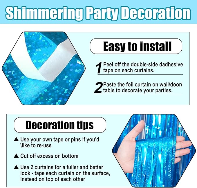 6 Pack Lake Blue Foil Fringe Curtain Backdrop, 3.28Ft x 8.2Ft Metallic Tinsel - Image 3
