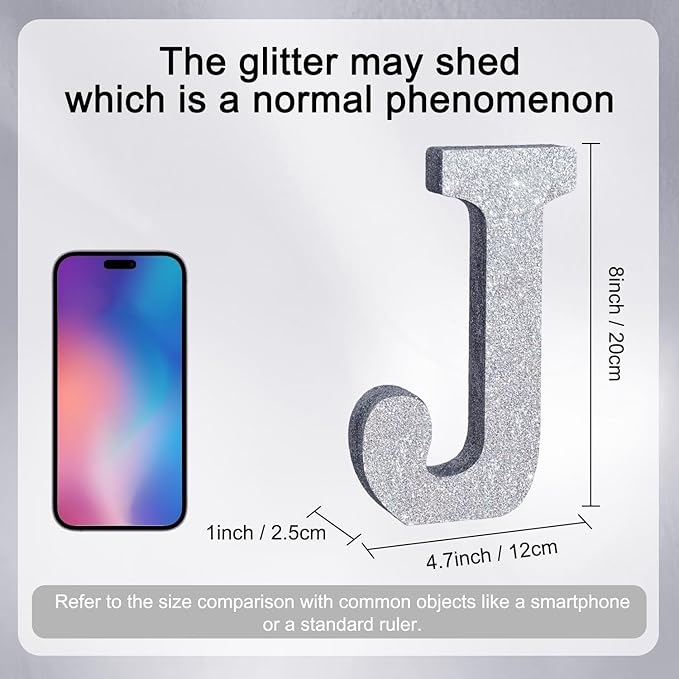TONIFUL 8 Inch Silver Glitter Letter J Table Centerpiece A-Z Silver Birthday - Image 2
