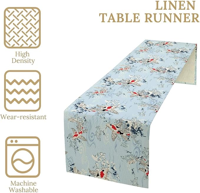 Kio Fish Table Runner Waves Retro Japanese Tradition Art Printed Burlap Runner - Image 3