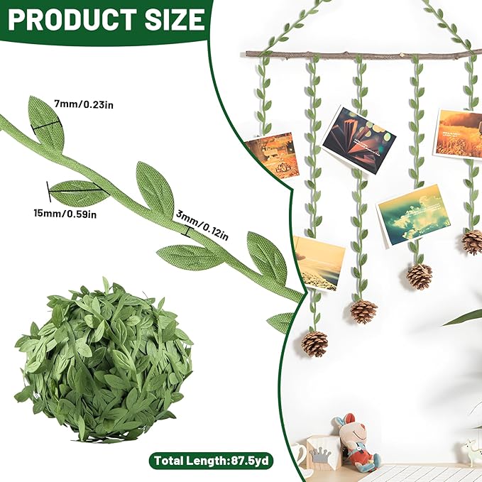 IHKFILAN 262.5 Ft Leaf Ribbon, Olive Green Leaves Leaf Trim Ribbon, Artificial - Image 2