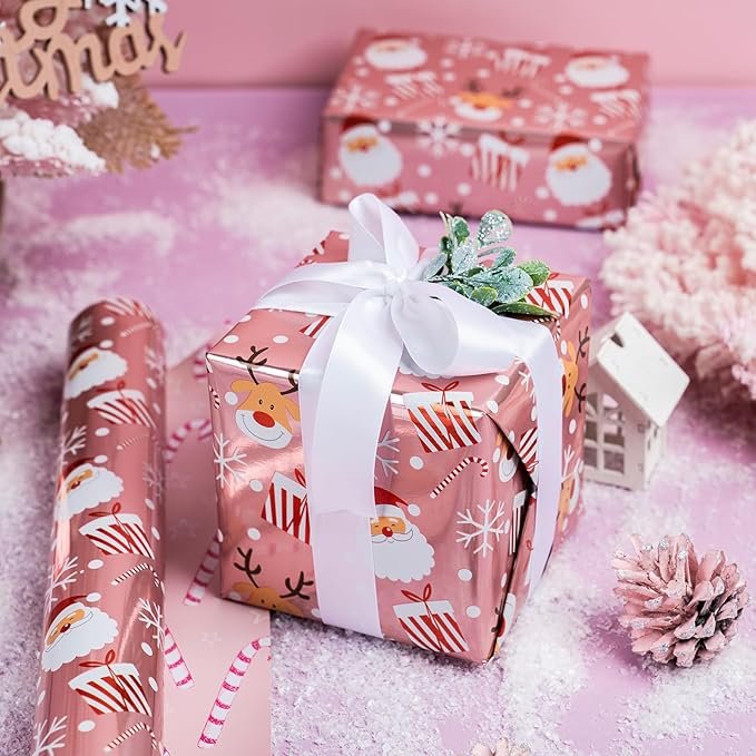LeZakaa Christmas Pink Wrapping Paper Jumbo Roll, Santa Claus & Candy Cane - Image 4