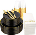 Supernal 350pcs Black & Gold Plastic Dinnerware Set, Elegant Black Plates by supernal
