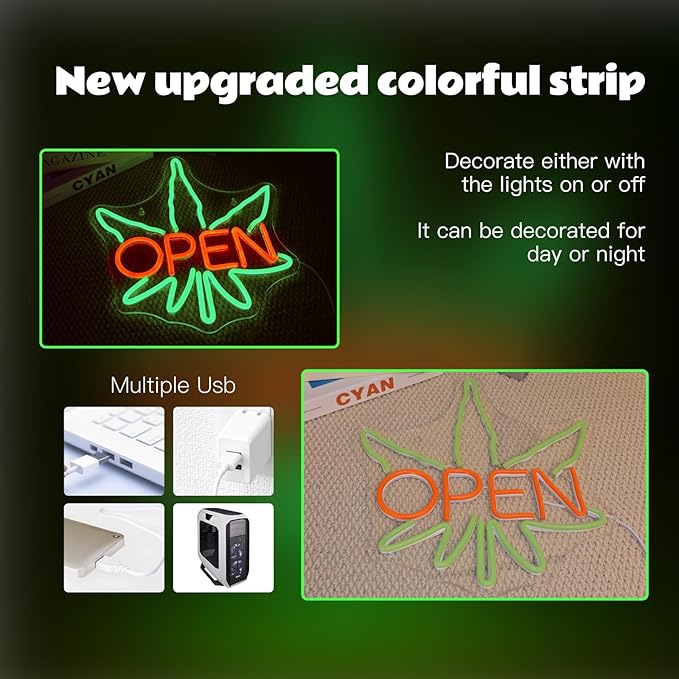 Ineonlife Green Leaves Open Neon Sign USB Dimmable Neon Signs - Image 5
