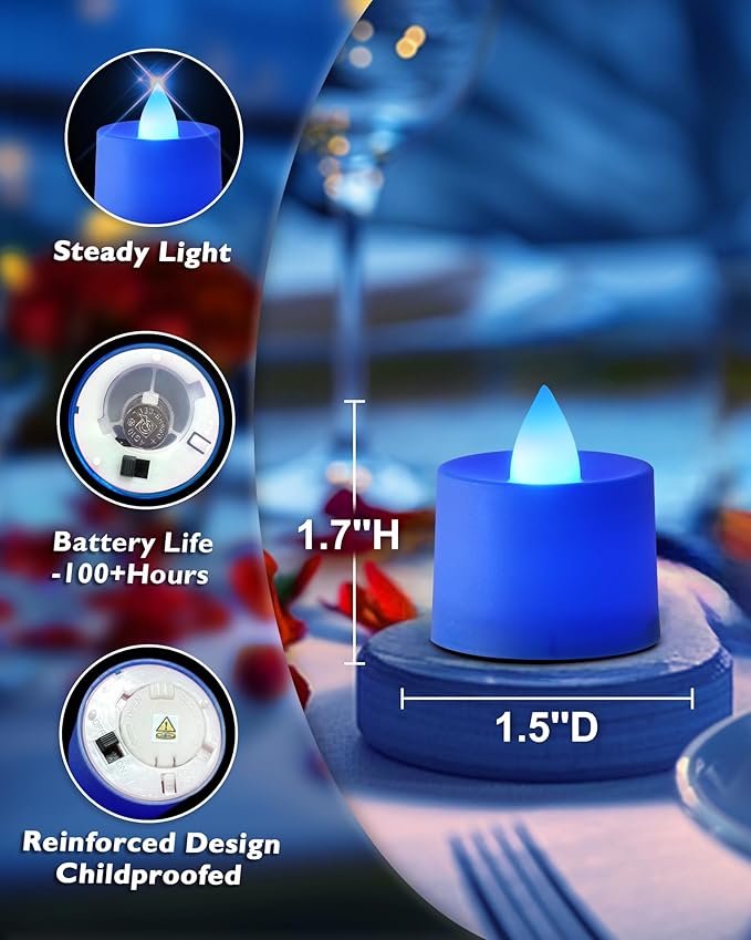 Amagic 24 Pack Blue LED Tea Lights, Flameless Votive Candles, Electric Fake - Image 2