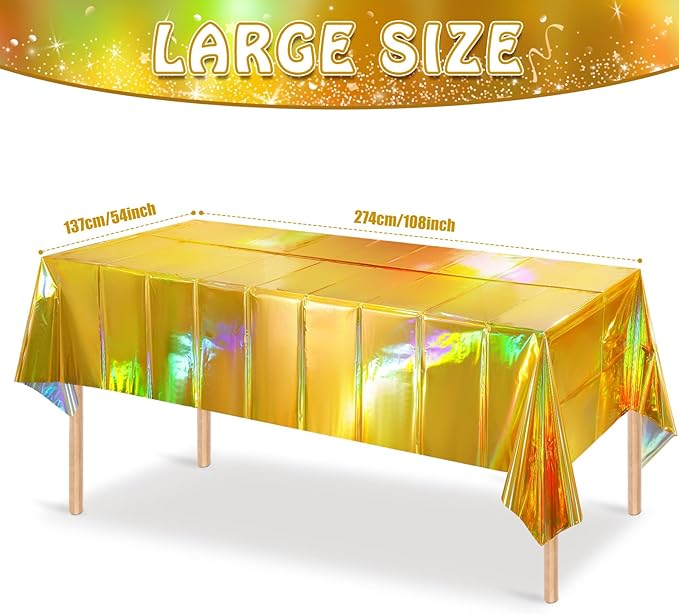 8 Pack Gold Iridescent Plastic Tablecloths Shiny Disposable Laser Rectangle - Image 2