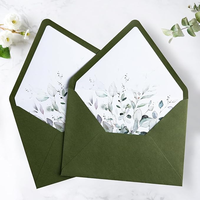 PONATIA 50PCS A7 Euro Flap Envelope, 5.25 x 7.25'' Olive Green Flowers Liner - Image 6