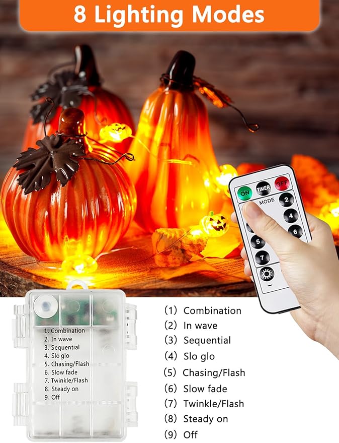 Halloween Fairy Lights Battery Operated 15Ft 40LED Orange Pumpkin String Lights - Image 5