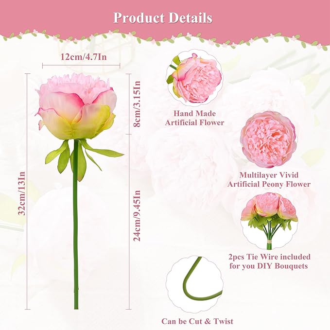 U'Artlines 2 Bouquet 10 Heads Artificial Peony Silk Flower Leaf Home Office - Image 3