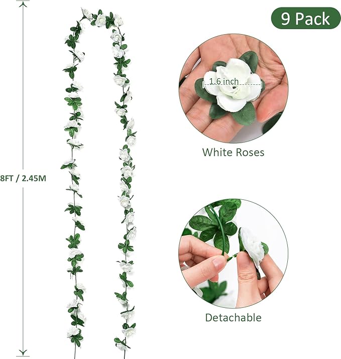 KHOYIME 9 Pack 72 FT Artificial Flower Garland, Fake White Roses Vines Silk - Image 3