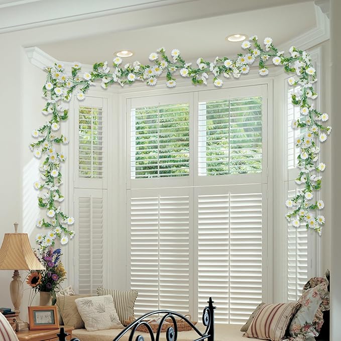2 Pack White Flower Garland Artificial Daisy Silk Wildflower Hanging Flowers - Image 2
