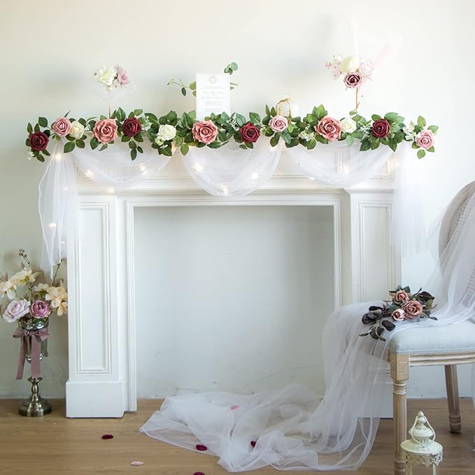 PONATIA 5FT Burgundy Artificial Flowers Garland, Dusty Rose Flowers Garland - Image 2