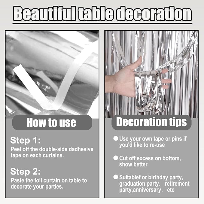 3 Pack 29 x108 Inch Silver Foil Fringe Table Skirts Metallic Banner - Image 3