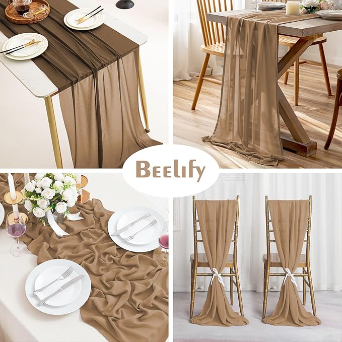2 Pack 10 Ft Chiffon Table Runner Brown Gauze Long Table Runners 27x120 Inches - Image 3