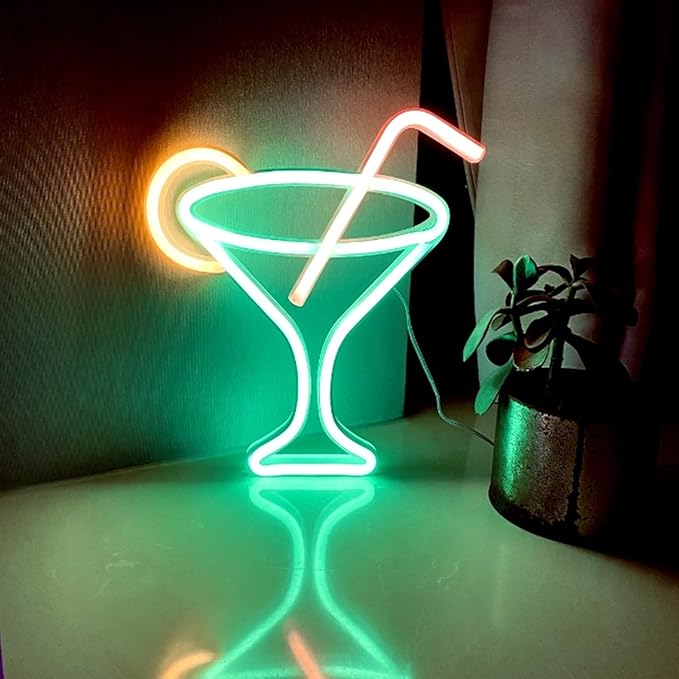 Led Green Cocktails Neon Sign, Wine Glass Neon Light Battery and USB Dual - Image 3