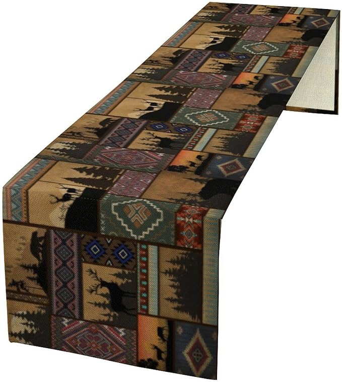 Rustic Cabin Bear Aztec Table Runner, Retro Brown Bear Rustic Theme Geometry by ShiTingYu