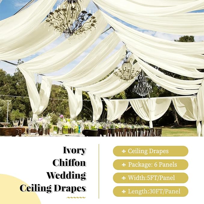 fani 6 Panels Ivory Wedding Ceiling Drapes 5ftx30ft Ceiling Drapes Chiffon - Image 2