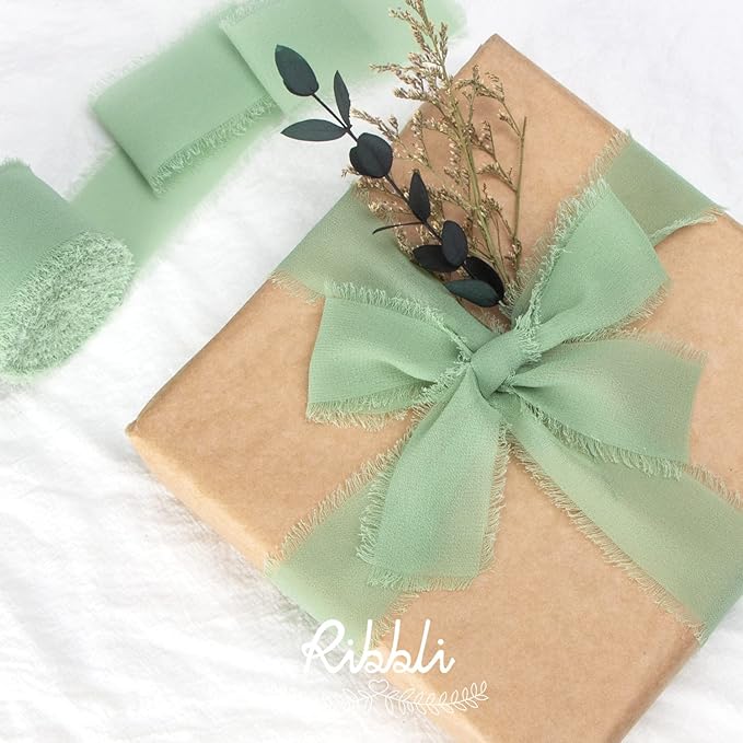 Ribbli Sage Green Chiffon Ribbon 1-1/2 inch x 30 Yard Handmade Fringe Chiffon - Image 3