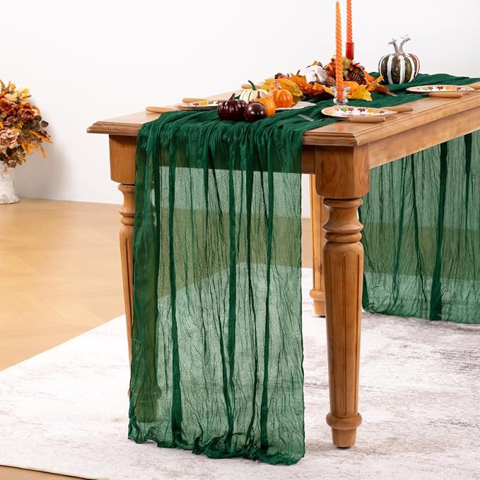 Emerald Green Cheesecloth Table Runner Fall Table Runner Boho Gauze 120 Inches - Image 3