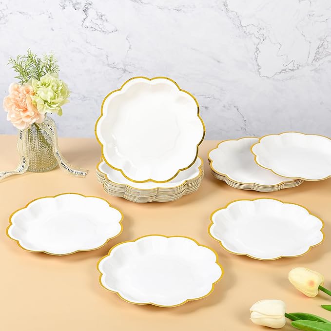 White Golden Party Plates Gold Foil Dessert Paper Plate 7inch Scalloped Edge - Image 7