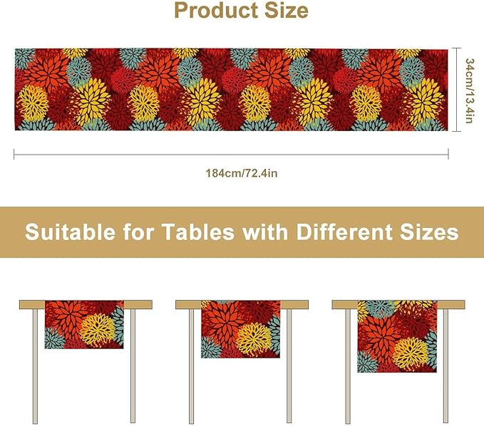 Red Yellow Dahlia Table Runner, Seasonal Autumn Thanksgiving Pattern Print - Image 3