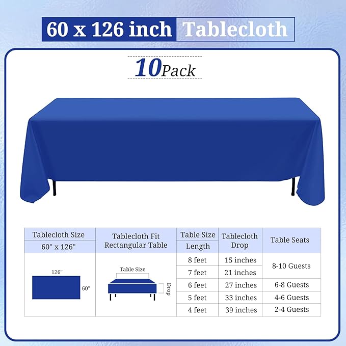 10 Pack Royal Blue Tablecloth 60 x 126 Inch Polyester Table Cloth - Image 2