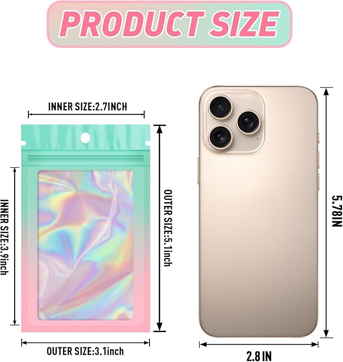 Funfery 100 Pack Gradient Holographic Bags, Mylar Resealable Bag - Image 2