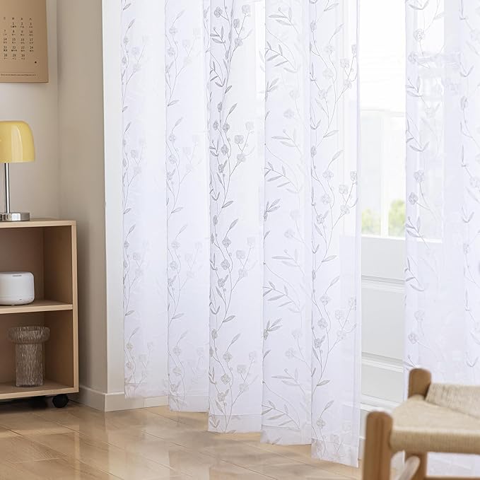 Sheer Curtains White 45 Inches Long Floral Embroidery Rod Pocket Voile Drapes - Image 5