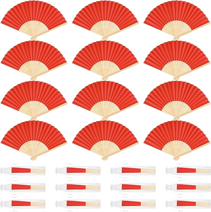 12 Pieces Red Hand Held Bamboo Folding Fans Paper Fans Handheld by Bringsparkletoeverydaylife