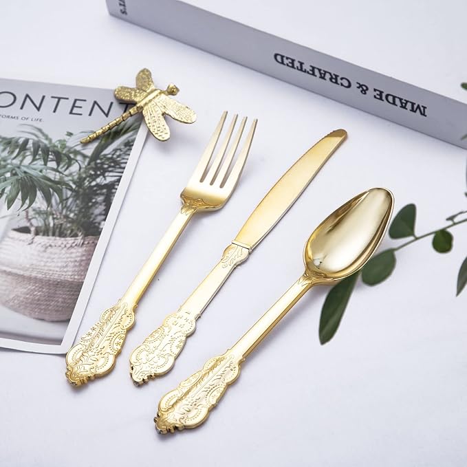 bUCLA 600 Pieces Gold Plastic Silverware - Image 4