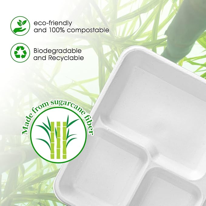 ECOLipak 100% Compostable 5 Compartment Plates, 125 Pack Disposable Paper Plates - Image 7