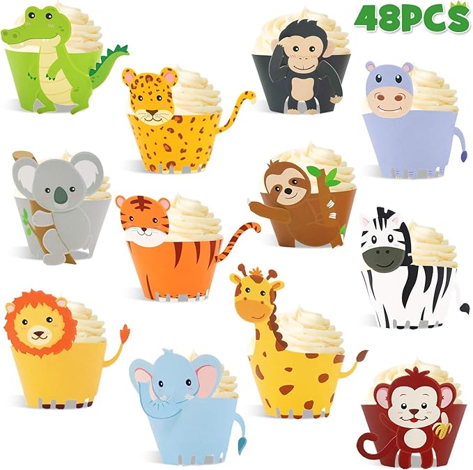 48 Pcs Jungle Safari Animal Cupcake Wrappers Wild Party Cake Decorations Jungle by Home