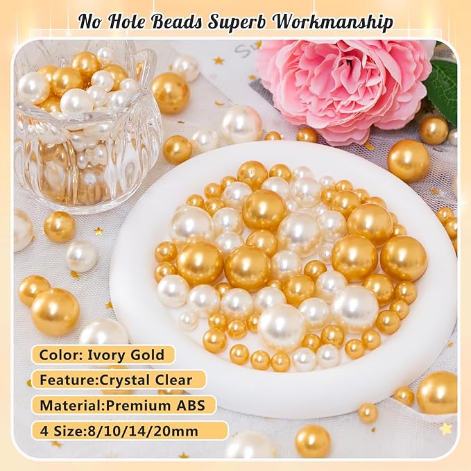 300Pcs Pearl Vase Filler, Ivory Gold No Hole Faux Pearl Beads - Image 3