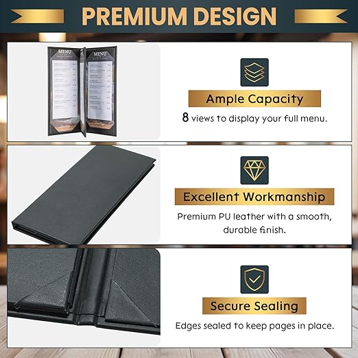 12 Pack 4 View Menu Holder Menu Covers 4.25" x 11" | Black Leather Menu Sleeves - Image 4