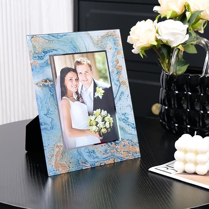 Cuspin 5x7 Blue Picture Frame, Luxury Blue and Gold Glass Wedding Frame 8x10 - Image 4