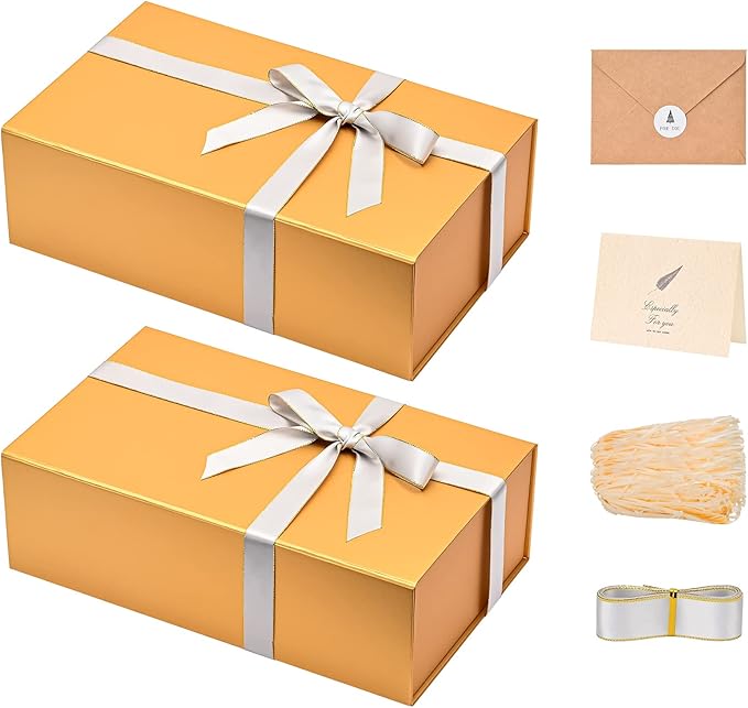 LIFELUM Gift Boxes with Lids, 2 Pack 13.85 x 8.35 x 4.45 inch Gold Gift Boxes by LIFELUM