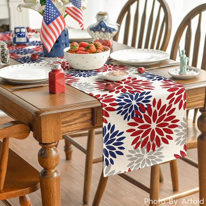 Artoid Mode Red Dahlia Floral Pinnata Memorial Day Table Runner, 4th of July - Image 4